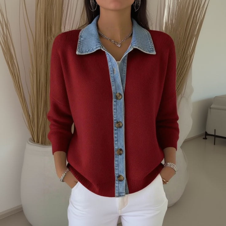 LÉONIE™ Denim Galléros Kötött Pulóver – Modern Elegancia