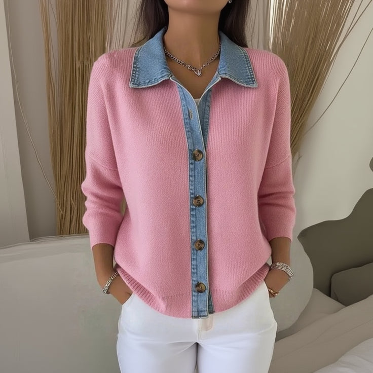 LÉONIE™ Denim Galléros Kötött Pulóver – Modern Elegancia